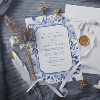 Blauw bloemmotief Elegante Moderne Chic Trouw Kaart