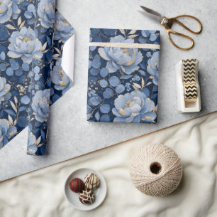 Blauw Bloemmotief Goud Elegant Cadeaupapier
