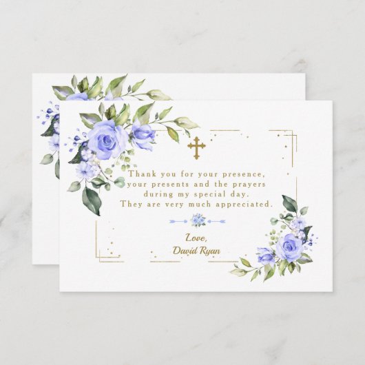 Blauw Bloemmotief Gouden Glitter Kader Kruis Jonge Bedankkaart (Voorkant / Achterkant)