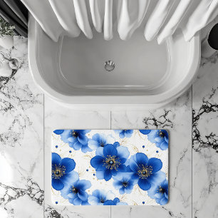 Blauw Bloemmotief met Gouden Accenten Badmat