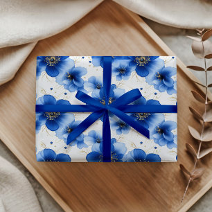 Blauw Bloemmotief met Gouden Accenten Cadeaupapier
