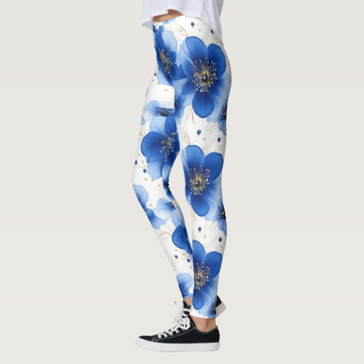 Blauw Bloemmotief met Gouden Accenten Leggings (Links)