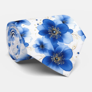 Blauw Bloemmotief met Gouden Accenten Stropdas