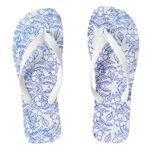 Blauw bloemmotief op wit teenslippers (Voetbed)