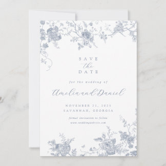 Blauw bloemmotief save the date kaart