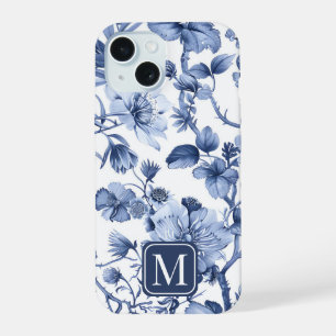 Blauw bloemmotief vintage toile-monogram iPhone 15 hoesje