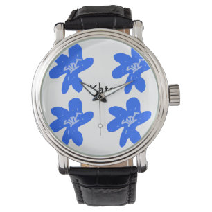 Blauw bloemmotief waterverf naamtekst toevoegen horloge