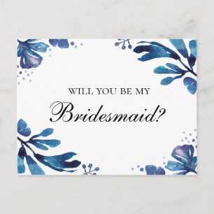 Blauw bloemmotief Wil je mijn bruidsmeisje zijn. N Uitnodiging Briefkaart