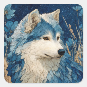 Blauw bloemmotief wolf profiel met gouden tarwe st vierkante sticker