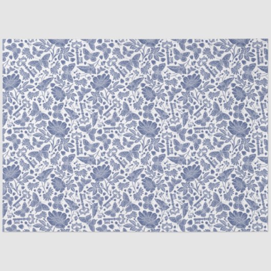 Blauw bloemontwerp met vogels en vlinders tissuepapier (Voorkant)