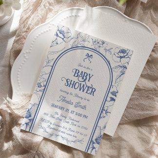 Blauw Bloemornament Vintage Baby Shower Uitnodigin Kaart