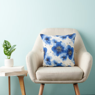 Blauw Bloempatroon met Gouden Accenten Kussen