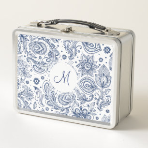 Blauw  Bloempatroon Monogram Lunchbox