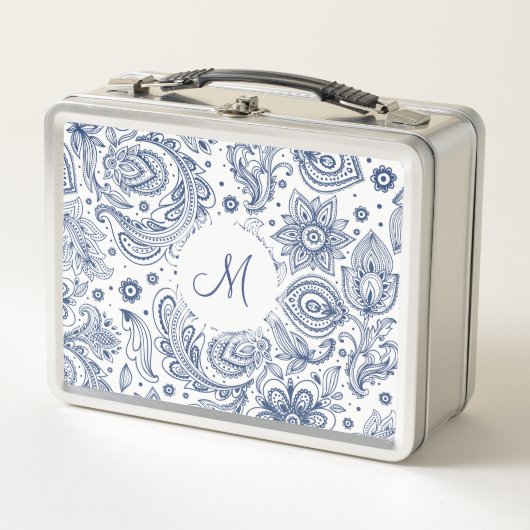 Blauw Bloempatroon Monogram Lunchbox (Voorkant)