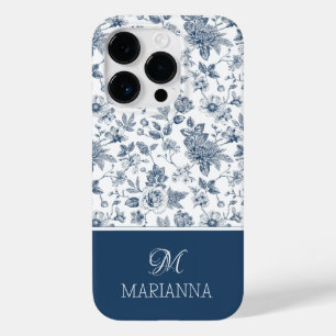 Blauw Bloempatroon & Naam Gepersonaliseerd Case-Mate iPhone 14 Pro Hoesje