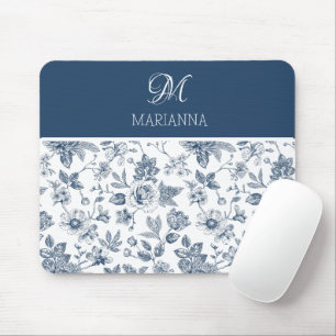 Blauw Bloempatroon & Naam Gepersonaliseerd Muismat