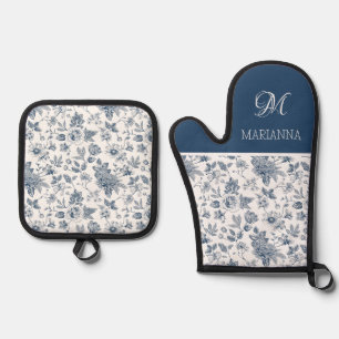Blauw Bloempatroon & Naam Gepersonaliseerd Ovenwant & Pannenlap Set