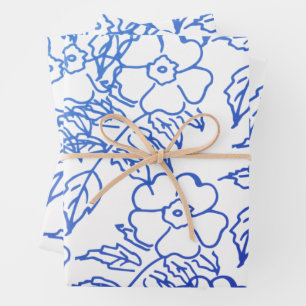  blauw bloempatroon op wit inpakpapier vel