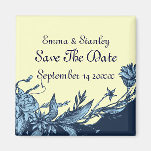 blauw bloempje bord ivoor Save the Date Magneet