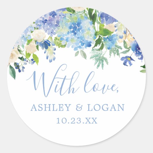 Blauw bloemsticker voor trouwfeest met liefde guns ronde sticker (Voorkant)