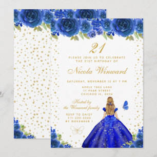 Blauw Bloemstuk Blond Haar Prinses Verjaardagsfees Kaart