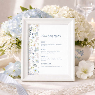 Blauw Bloemstuk Bruids-Shower Bar Menu Poster