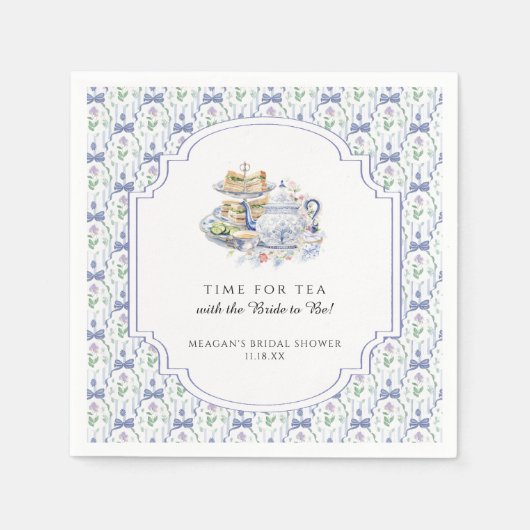 Blauw Bloemstuk Coquette Theepartij Bruidsuitnodig Servet (Voorkant)