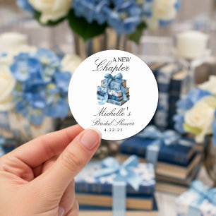 Blauw Bloemstuk Een Nieuw Hoofdstuk Trouw Bruiloft Ronde Sticker