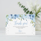 Blauw bloemzilver glitter baby shower dank u bedankkaart (Staand voorkant)