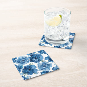 Blauw Bloesem Waterverf Bloem Botanische Witte Vierkante Kartonnen Onderzetter