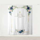 Blauw Blozende Bloemen Foto Booth Verjaardag Doop Wandkleed (Voorkant)