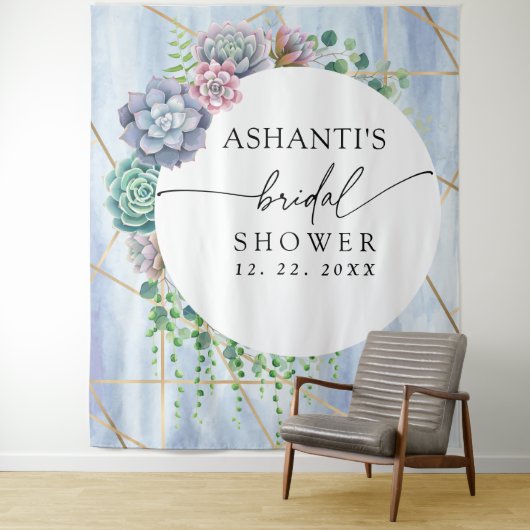 Blauw blozende succulente bruiloftsshower achtergr wandkleed (In situ)