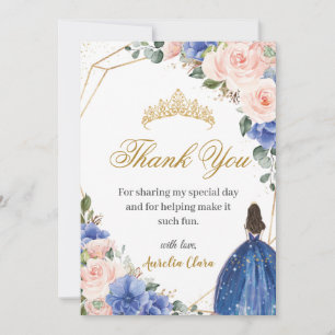 Blauw Blush Bloemen Prinses Tiara Quinceañera 15e Bedankkaart