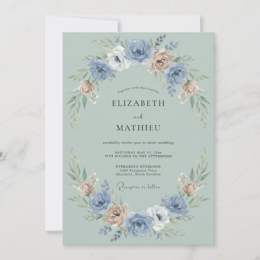 Blauw Blush Bloemenslingers Bruiloft Kaart (Voorkant)