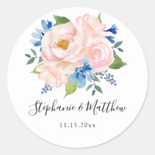 Blauw Blush Roze Waterverf Bloemen Bruiloft Ronde Sticker