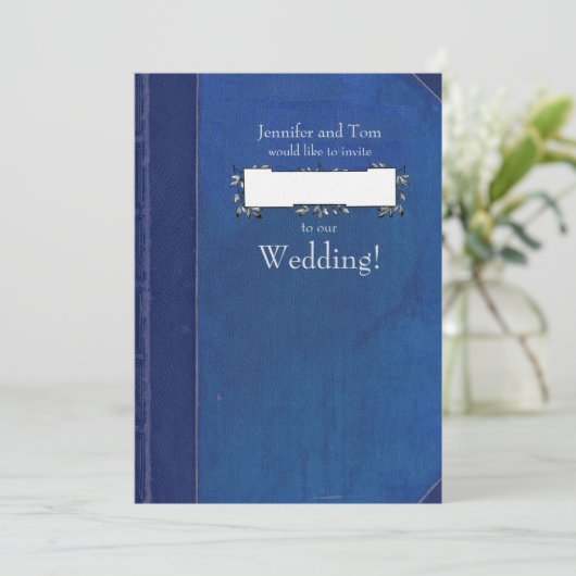 Blauw  Boek en Bookplate Huwelijksuitnodiging Kaart (Staand voorkant)