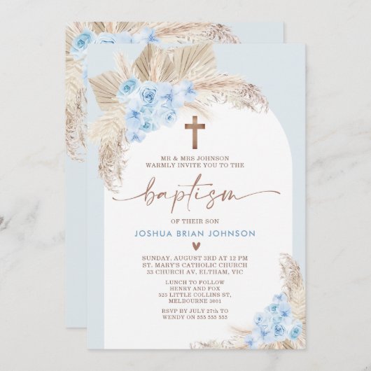 Blauw Boho Bloem Boog Jongens Doop Uitnodiging (Voorkant / Achterkant)