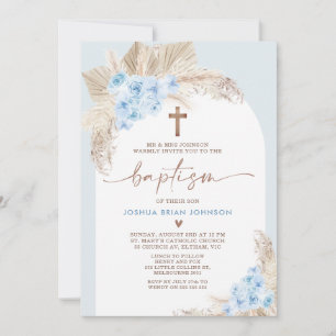 Blauw Boho Bloem Boog Jongens Doop Uitnodiging