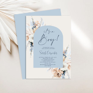 Blauw Boho Bloem Pampas Gras Baby Shower Jongen Kaart