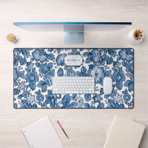 Blauw Boho Bloemen w/Name & Monogram Bureaumat