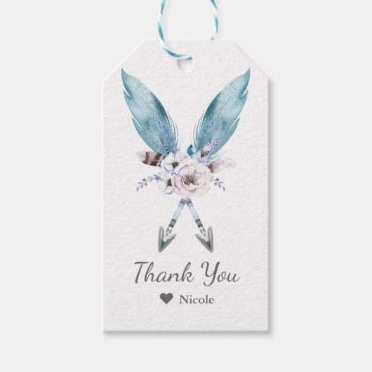 Blauw Boho Bohemian Arrows Veer Bloemen Party Cadeaulabel (Voorkant)