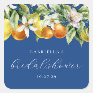 Blauw Boho Citrus Citroen Sinaasappel Bruiloftsfee Vierkante Sticker