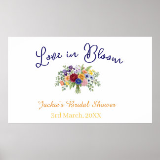 blauw boho liefde in bloei bruidsfeest naam retro poster