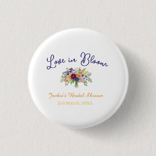 blauw boho liefde in bloei bruidsfeest naam retro ronde button 3,2 cm