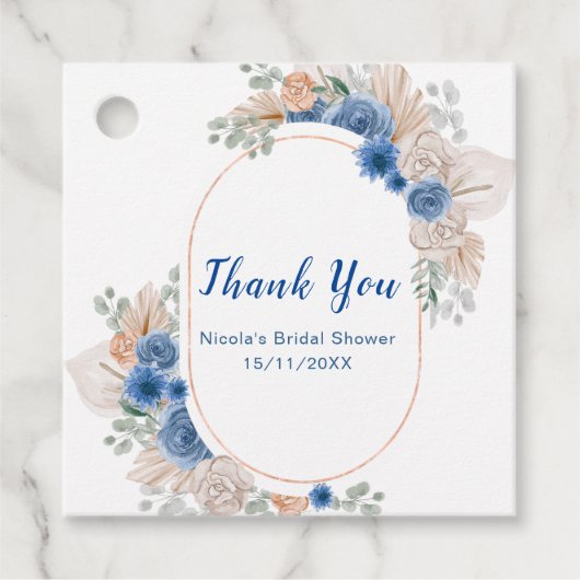 Blauw Boho Pampas Gras Bruiloftsfeest Bedankjes Labels (Voorkant)