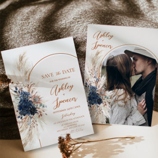 Blauw Boho Pampas Save The Date Kaart