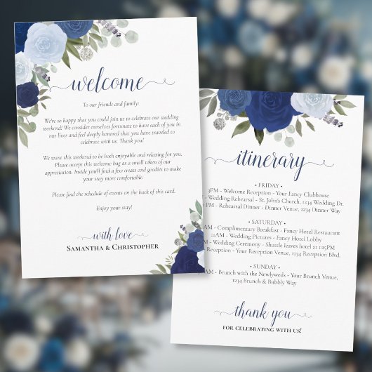 Blauw Boho Rozen Bruiloft Welkom & Reisprogramma Programma