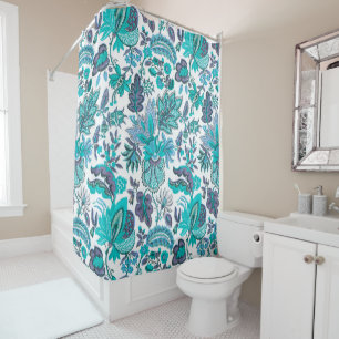Blauw Boho Vintage Bloemenprint Douchegordijn