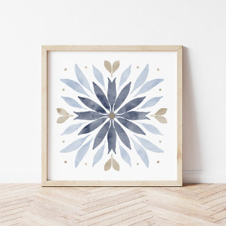 Blauw Boho Watercolor Mandala Kunst Poster