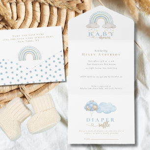 Blauw Boho Waterverf Regenboog Jongens Baby Shower All In One Uitnodiging